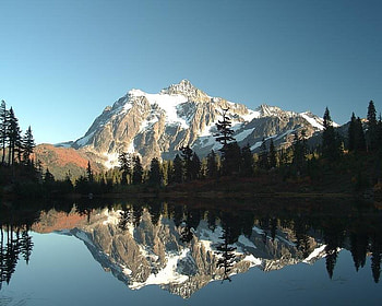 Mount Shuksan, trees, sky, water, mountain HD wallpaper