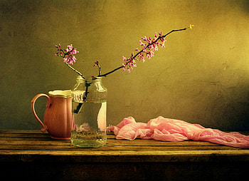 Simple Blossoms, pink scarf, table, vase, still life, jar, pitcher, pink pitcher, flowers, scarf HD wallpaper
