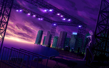 megurine luka, city, clouds, building, sky, stars, vocaloid HD wallpaper