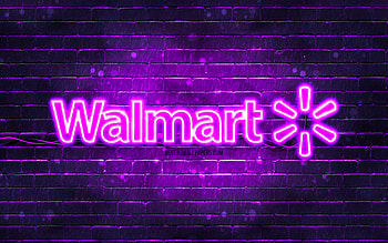 Walmart violet logo, , violet brickwall, Walmart logo, brands, Walmart neon logo, Walmart HD wallpaper