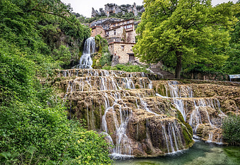 Waterfall Below Castle Orbaneja, Spain, spain, waterfall, nature, castle HD wallpaper