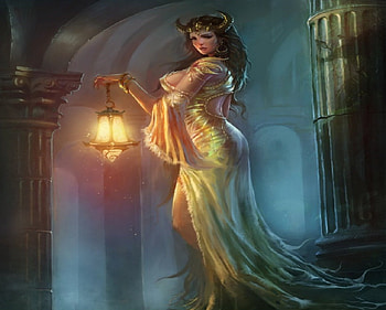 Fantasy Woman, horns, fantasy, lamp, dress, woman HD wallpaper