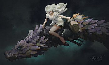 Dragon rider, white, black, dao le trong, art, girl, fantasy, dragon, luminos, rider HD wallpaper