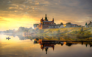 Monastery Reflection, dusk, lake, mist, fog, reflection, clouds, sky, nature, water, sunset HD wallpaper