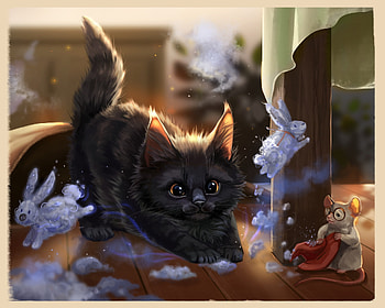 Pounce, pisici, fantasy, alicja siemiatkowska, luminos, kitten, dust, black, art, cute, cat, bunny HD wallpaper