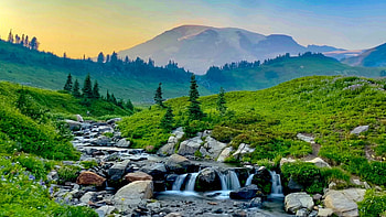 Summer hike; Mt. Rainier, Washington, creek, landscape, colors, rocks, stones, usa, mountain, clouds, sky HD wallpaper