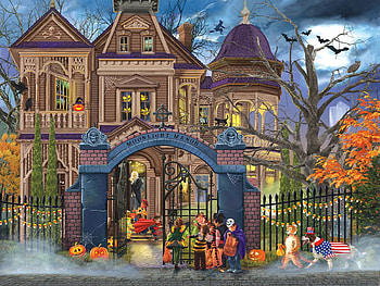 Moonlight Manor, artwork, pumpkins, dog, painting, house, kids, cat, bats HD wallpaper