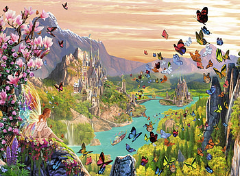 Fairy Valley, colors, lake, artwork, butterflies, painting, flowers, fairies, sky, castle, mountains HD wallpaper
