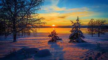 Arvika, Sweden, river, shore, snow, clouds, landscape, trees, sky, sun, scandinavia HD wallpaper