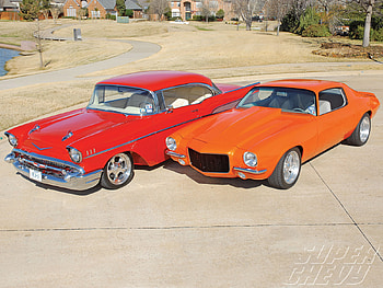 57 Bel Air&71 Camaro, classics, 2, chevys, bowties HD wallpaper
