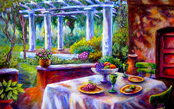 LEISURE & PLEASURE, leisure, chair, table, painting, garden, fruits HD wallpaper