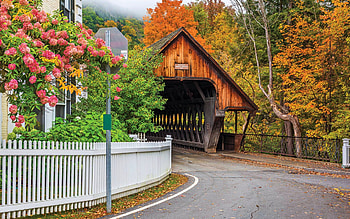 Woodstock, Vermont, Covered Bridge, trees, nature, road, fence, usa HD wallpaper