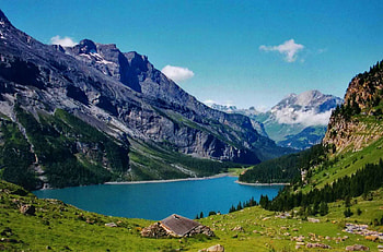 Lovely lakeview, peaks, nice, water, house, villa, beautiful, grass, lake, mountain, cabin, summer, pretty, view, clouds, nature, sky, mountainscape, cottage, lovely HD wallpaper