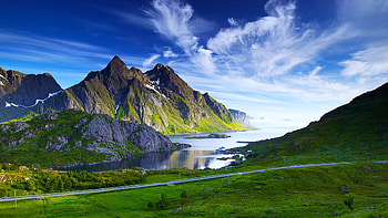 Nordic natural beauty, sea, clean, grass, beauty, air, pristine, cool, nature, sky, mountains, water HD wallpaper