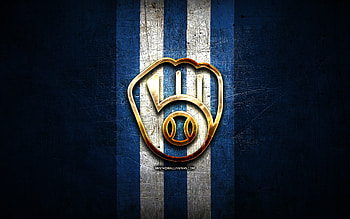 Milwaukee Brewers emblem, MLB, golden emblem, blue metal background, american baseball team, Major League Baseball, baseball, Milwaukee Brewers HD wallpaper