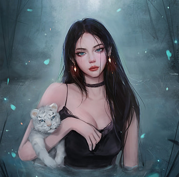 Girl with a white tiger cub, art, cub, fantasy, miqi19981105, tigru, girl, water, black, white, tiger HD wallpaper