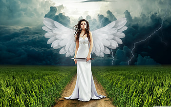 Angel on earth, field, clouds, nature, angel, grass HD wallpaper