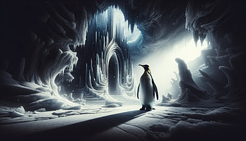 Emperor Penguin in Arctic Majesty, emperor penguin, penguin, ice cave, winter, fantasy, fantasy winter HD wallpaper