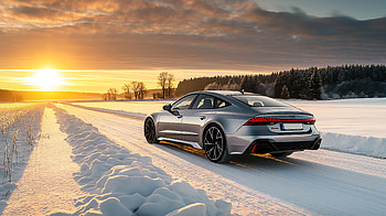 Audi RS7 Winter Drive: Stunning in Snowy Sunrise Glow, Audi RS7, winter, Audi HD wallpaper