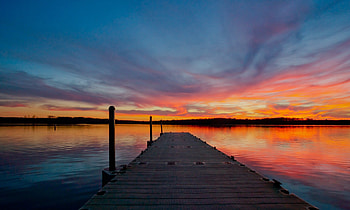 Pier, clouds, set, sun HD wallpaper