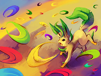 Leafeon, blue, colorful, magic, magical leaf, multicolor, used, evolution of eevee, leaves, green, yellow, red, leaf, heart HD wallpaper