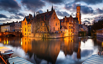 Water house channel, Bruges Belgium evening HD wallpaper