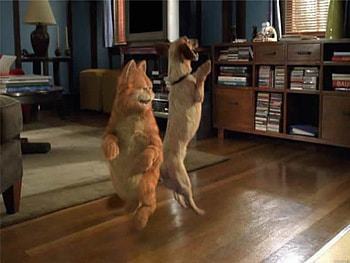 Garfield and Odie, dog, odie, dancing, room, movie, cat, garfield HD wallpaper
