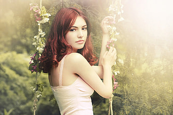 Romantic Girl, graphy, swing, girl, beautiful, beauty, woman, pretty, flowers, redhead HD wallpaper