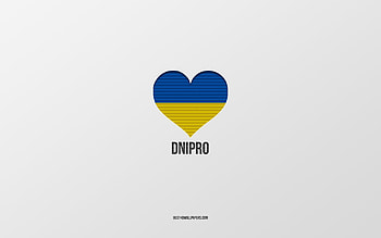I Love Dnipro, Ukrainian cities, Day of Dnipro, gray background, Dnipro, Ukraine, Ukrainian flag heart, favorite cities, Love Dnipro HD wallpaper