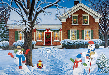 The Greeters, house, snow, winter, painting, snowmen, tree HD wallpaper