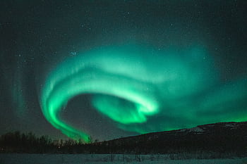 Captivating view of the Northern Lights dancing above a snowy landscape under a starry night sky. HD wallpaper