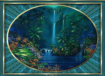 Tropical Waterfall, palms, painting, tropical, frame, waterfall HD wallpaper