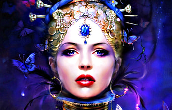 Fantasy beauty, blue, pendant, art, girl, beauty, woman, bing xiao, jewel, pink, butterfly, fantasy, red, face HD wallpaper