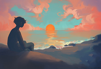 Anime Boy Sitting Watching Sunset, anime-boy, anime, artwork, artist, digital-art HD wallpaper