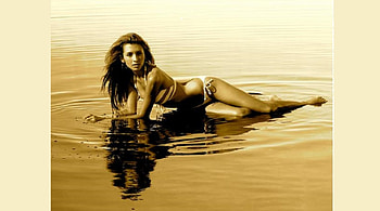 India de Beaufort, white, earrings, sepia tone, dark brunette, bikini, water, beach HD wallpaper