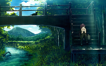 Anime Nature scenery bridge river HD wallpaper