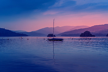 Nature, Twilight, Lake, Dusk, Hills, Boat HD wallpaper
