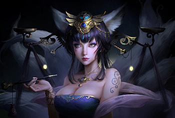 Ahri, fantasy, ears, wang xiao, girl, fox, blue, frumusete, gorgeous, superb, face HD wallpaper