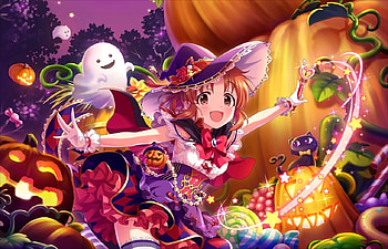 Halloween, sweets, girl, orange, witch, anime, ghost, pumpkin, manga, hat HD wallpaper