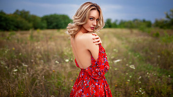 Beauty, summer, model, blond, red, field, girl, aleksei iurev, woman, vara HD wallpaper