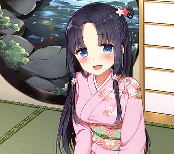 Cute, blue eyes, anime, traditional dress HD wallpaper