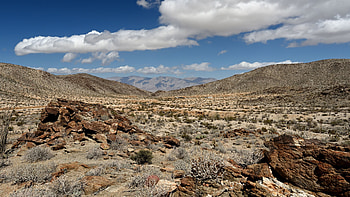 Hills Stones Dry Bushes Desert Mountains Under White Clouds Blue Sky Nature HD wallpaper