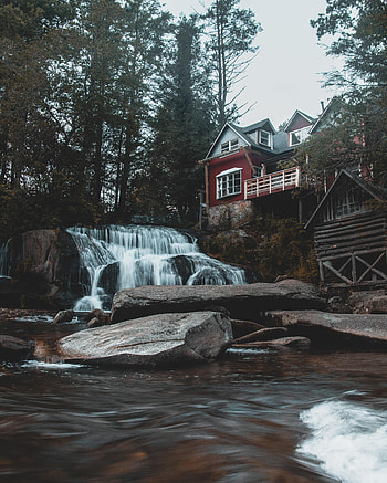 Nature, Building, Waterfall, Forest, House HD phone wallpaper