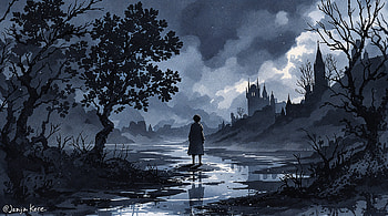 Mysterious Landscape: Ultra, dark anime, silhouette, castle, water HD wallpaper