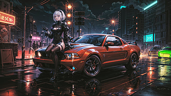 2b Nier Automata And Her Mercedes In The Neon Cityscape, nier-automata, games, cars, neon, cityscape, artwork, digital-art HD wallpaper