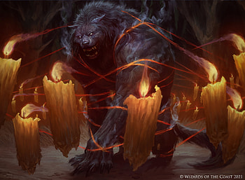 Candle trap, werewolf, manuel castanon, trap, lup, wolf, art, dark, candle, fantasy, yellow HD wallpaper
