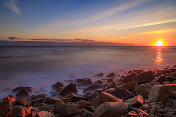 Sea, Nature, Sunset, Stones, Horizon, Coast, Stone HD wallpaper