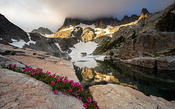 mountain lake, purple flowers, spring, morning, mountain landscape, mountain flowers HD wallpaper