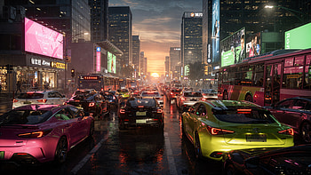 Neon Gridlock — City Traffic at Sunset, Car, Night HD wallpaper