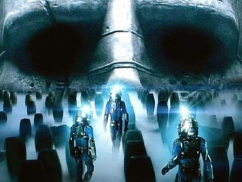 prometheus, mist, lights, astronauts, eggs, statue HD wallpaper